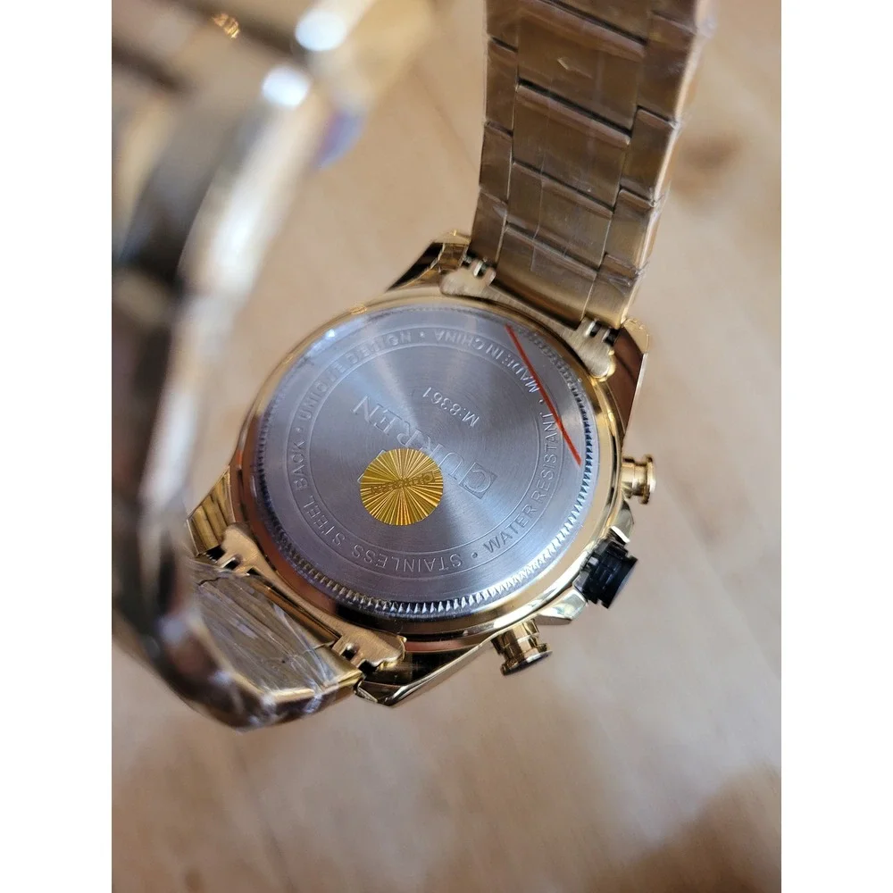 Curren‎ Mens Chronograph Watch Gold Tone Stainless Steel Black Dial New